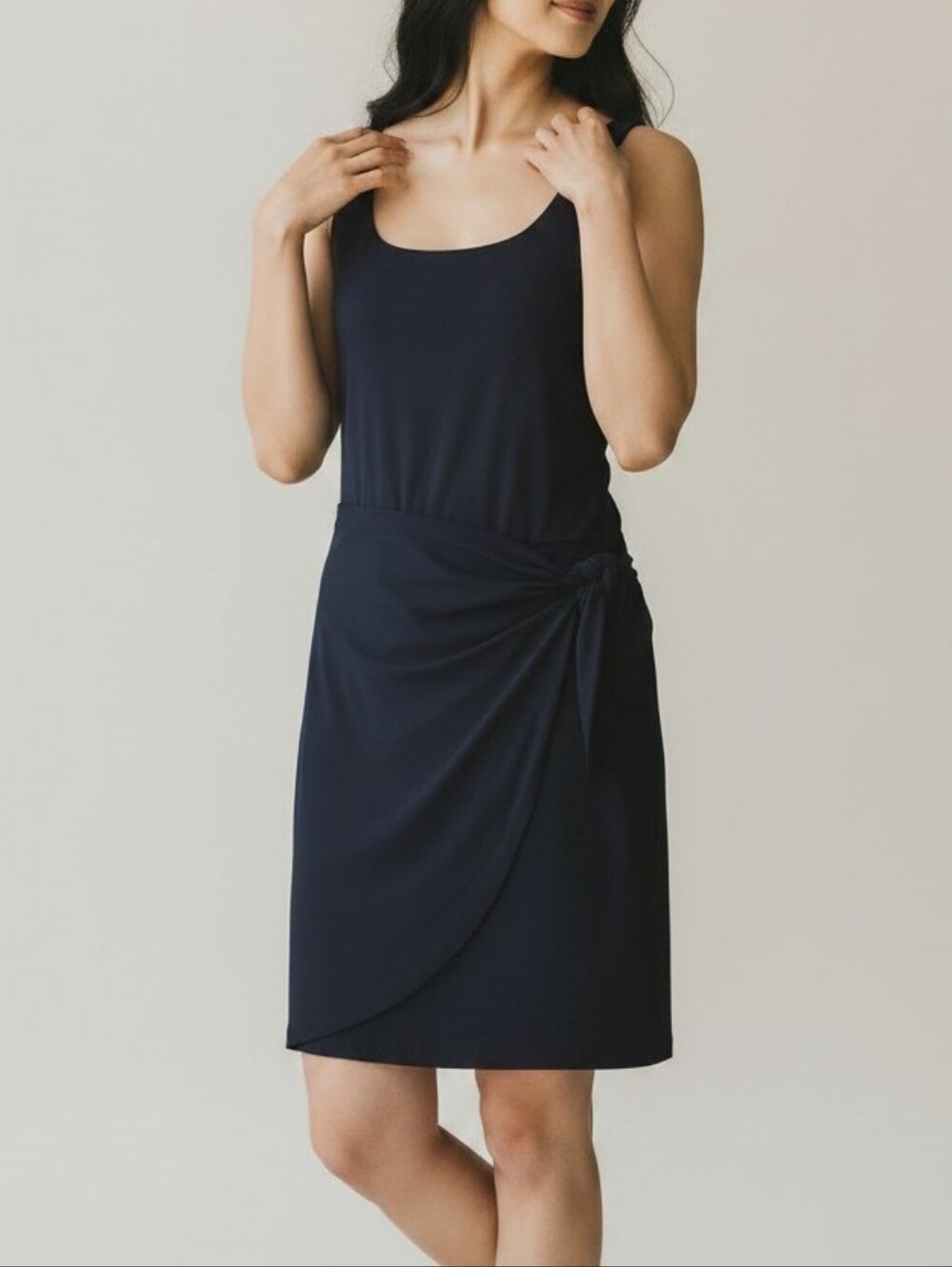 Loft Sleeveless Faux Wrap Dress Black Jersey Knit Tie Knot Waist Stretch - Sz 8